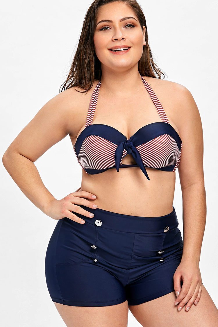 Plus Size Striped Boyshort High Waisted Knotted Bikini - Two Piece Swimsuit-elleschic