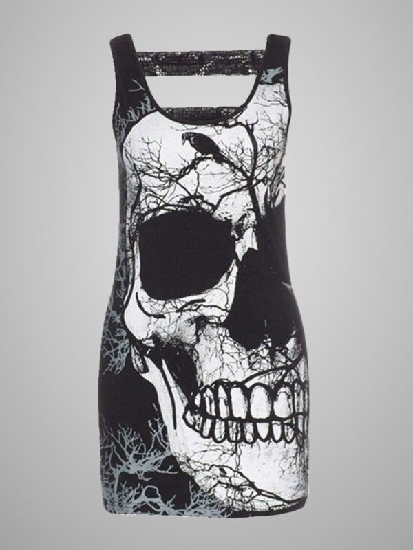 Punk Skull Printed Sleeveless Bodycon Dress