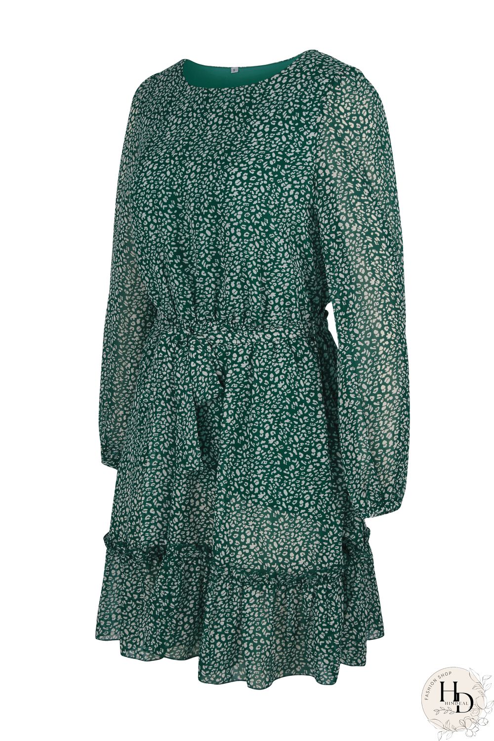 Round Neck Long Sleeve Floral Wrap Tie Waist Mini Dress