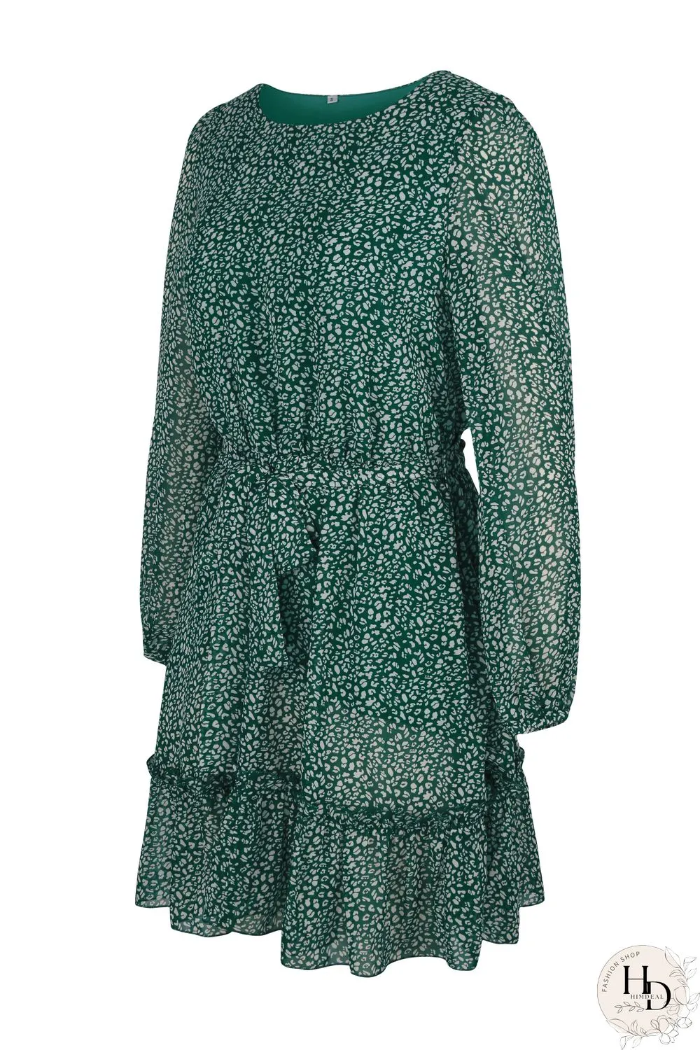 Round Neck Long Sleeve Floral Wrap Tie Waist Mini Dress