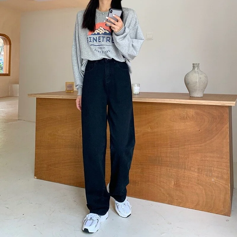 High Waist Jeans Stylish Loose All-match Pure Simple Harajuku Teens Streetwear Black Denim Trouser Popular Boyfriend Autumn 2021