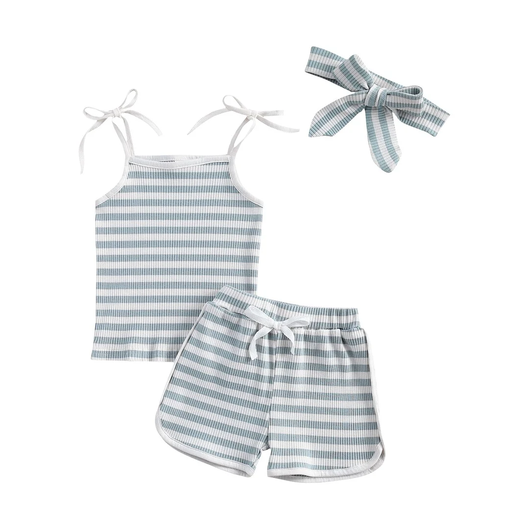 2021 Baby Summer Clothing Baby Girls Boys Ribbed Striped Clothes Set Vest Sleeveless Tops Shirt Shorts Headband 3Pcs Set