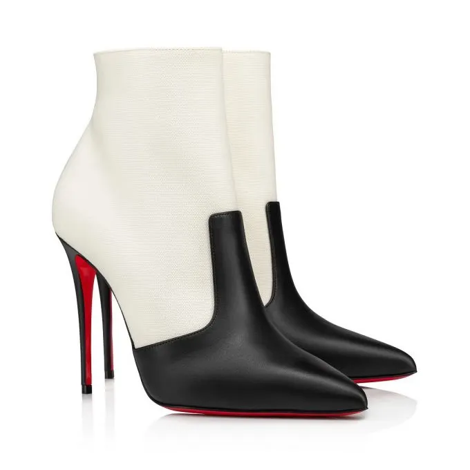 100mm Women's Black And White Stitching Red Bottom Ankle Boots-vocosishoes