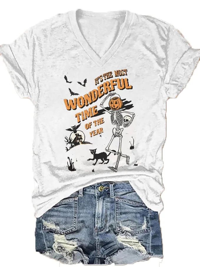 Women's It's The Most Wonderful Time of The Year Fall Drinking Pumpkin Skull Print V-Neck T-Shirt