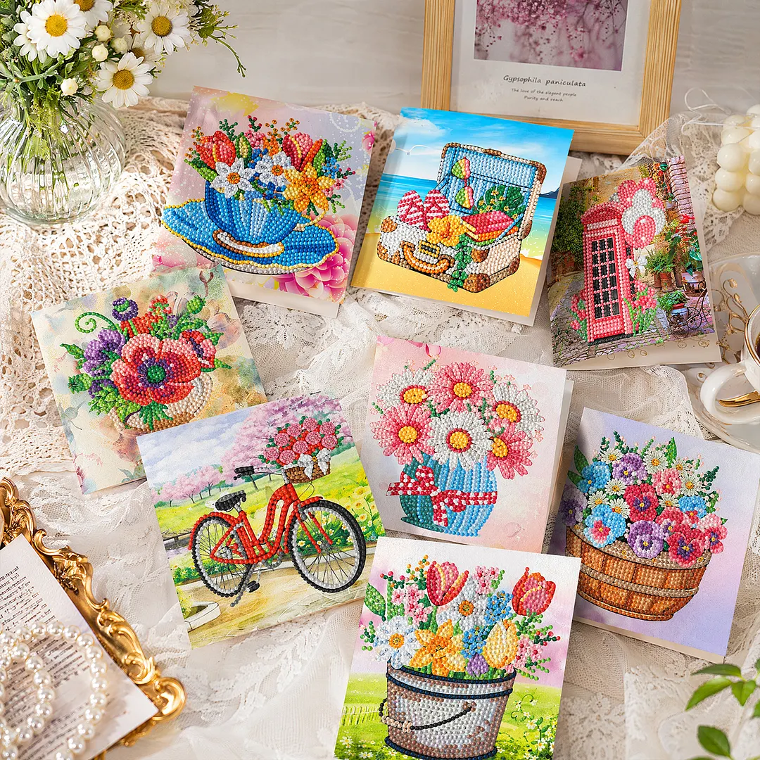 8PCS Garden DIY Diamond Painting Greeting Card Kits with Envelopes Diamond Art Greeting Cards Diamond Art Cards Kits for Adults DIY Crafts Family Friend Gifts
