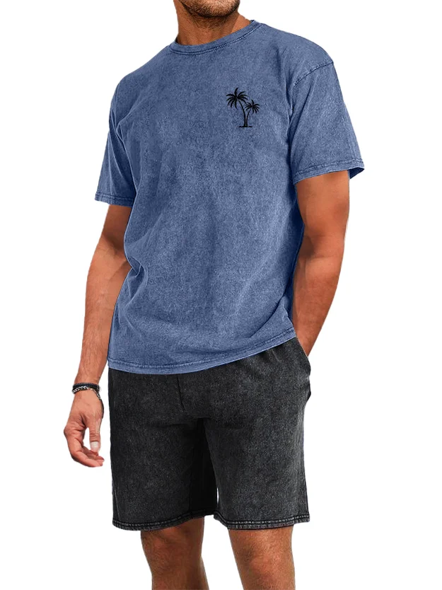 Men's 230g Cotton Washed And Distressed Batik Palm Tree Print T-shirt Shorts 2-piece Set