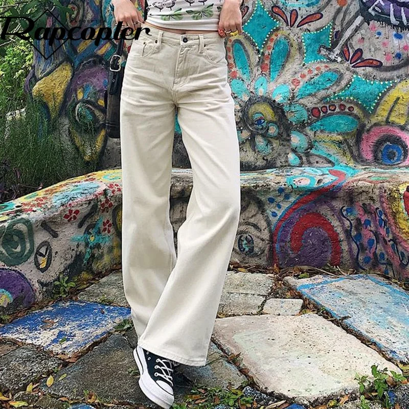 Rapcopter Wide Jeans Baggy Pockets Zipper Cargo Pants Y2K Aesthetic Deinm Pants Fahion Mom Pants Women Korean Vintage Trousers