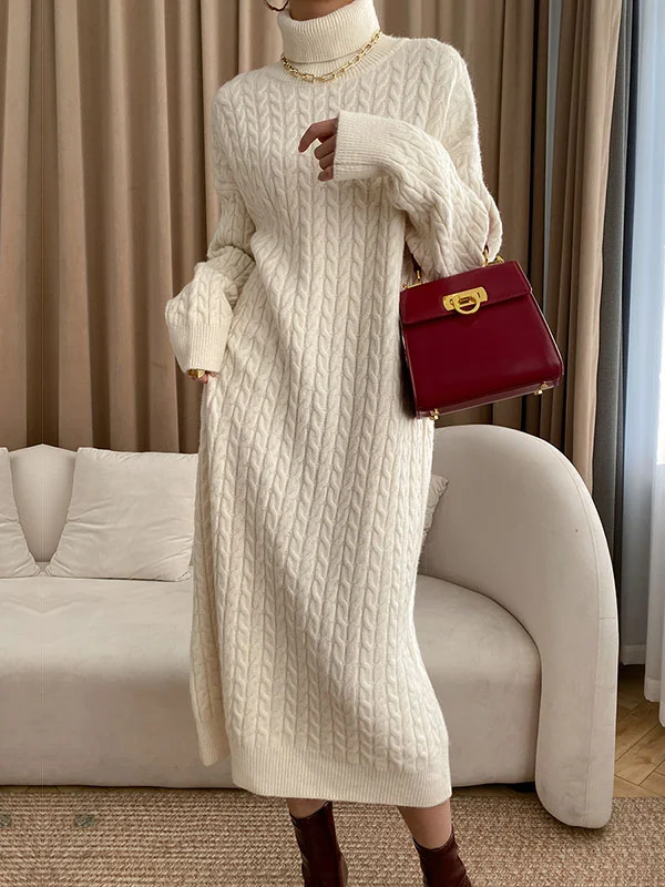 Stylish Long Sleeves Roomy Pure Color Halter-Neck Sweater Dresses