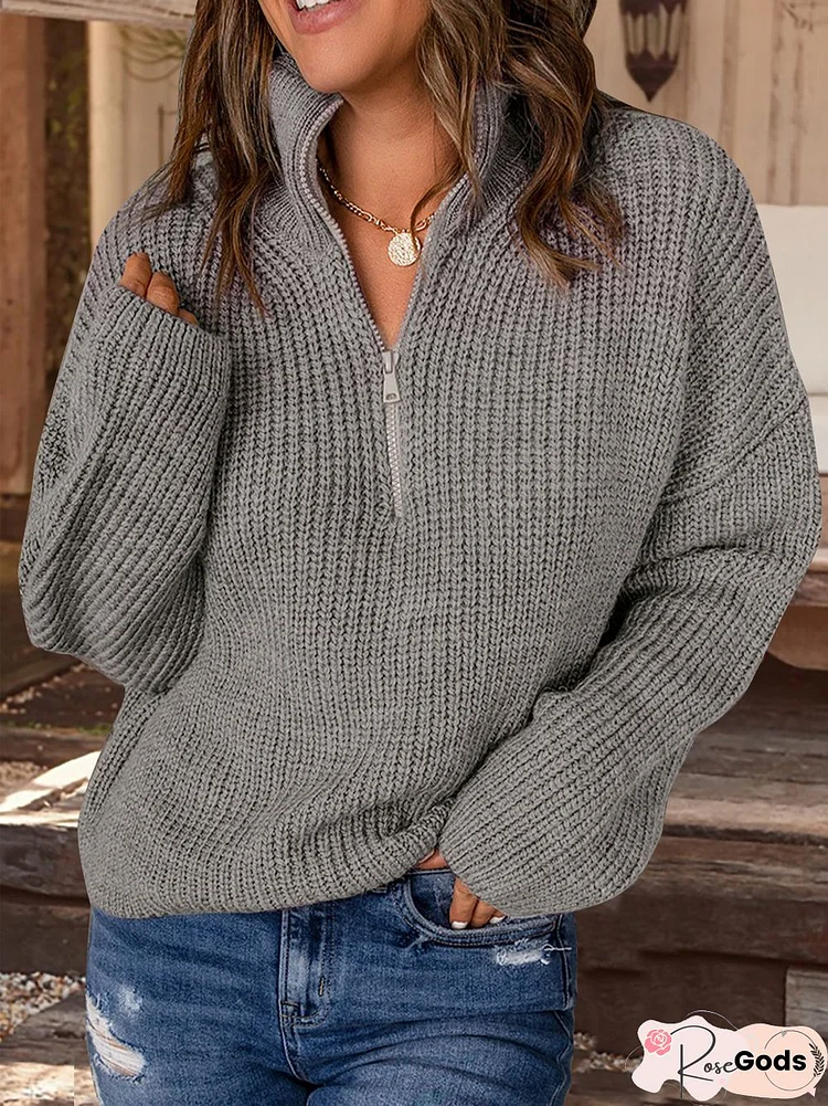 Zipper Pullover Loose Sweater Plus Size