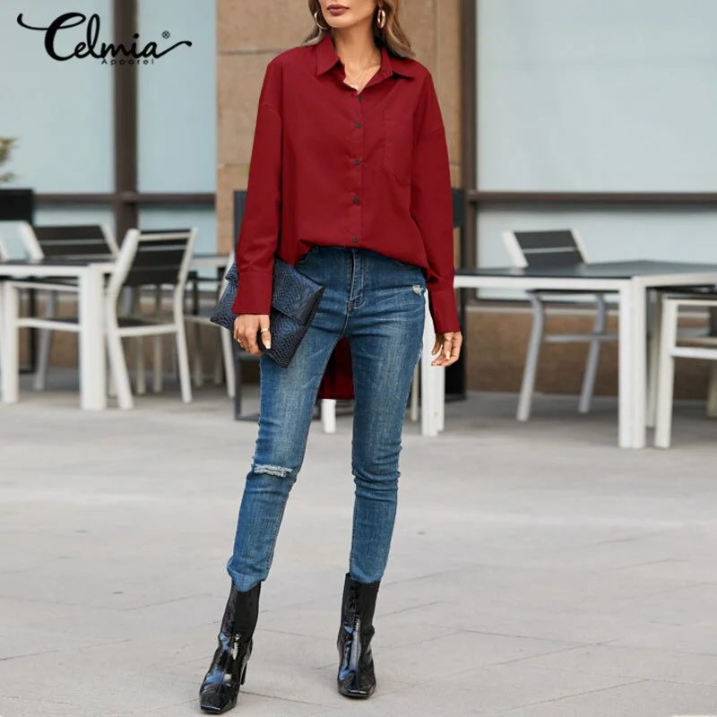 Celmia 2022 Women White Shirts Fashion Asymmetrical Tunic Tops Summer Lapel Solid Long Sleeve Button Casual Party Elegant Blusas