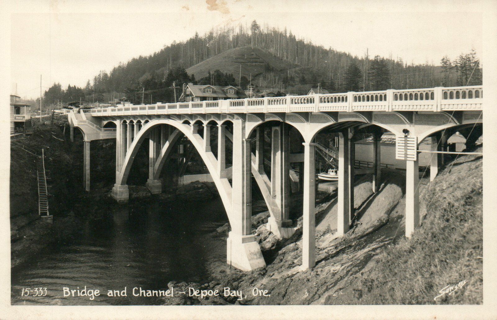 Bridge and Channel Depoe Bay Spouting Horn Inn Oregon Real Photo Poster painting RPPC Postcard