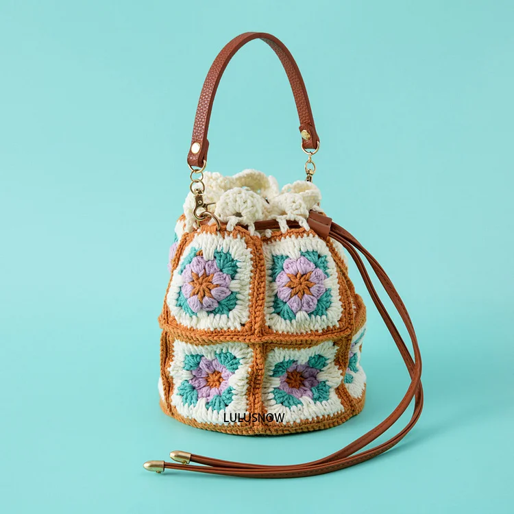 Lulusnow Handmade Pruple Granny Square Bucket Bag Gift Christmas/Valentine's/Easter Crochet Hand Bag