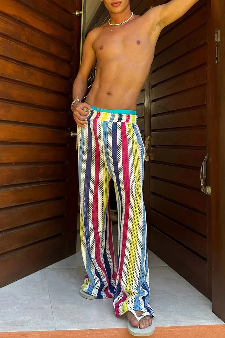 Men's Colorful Stripe Hollow Out Vacation Wide Leg Pants [Pre-Order]