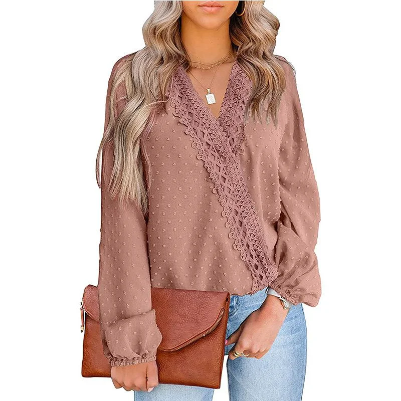 Loose Blouses For Women Fashion Lace Patchwork V Neck Long Sleeve Office Work Shirts Tops Lady Oversized Casual Chiffon Blouse