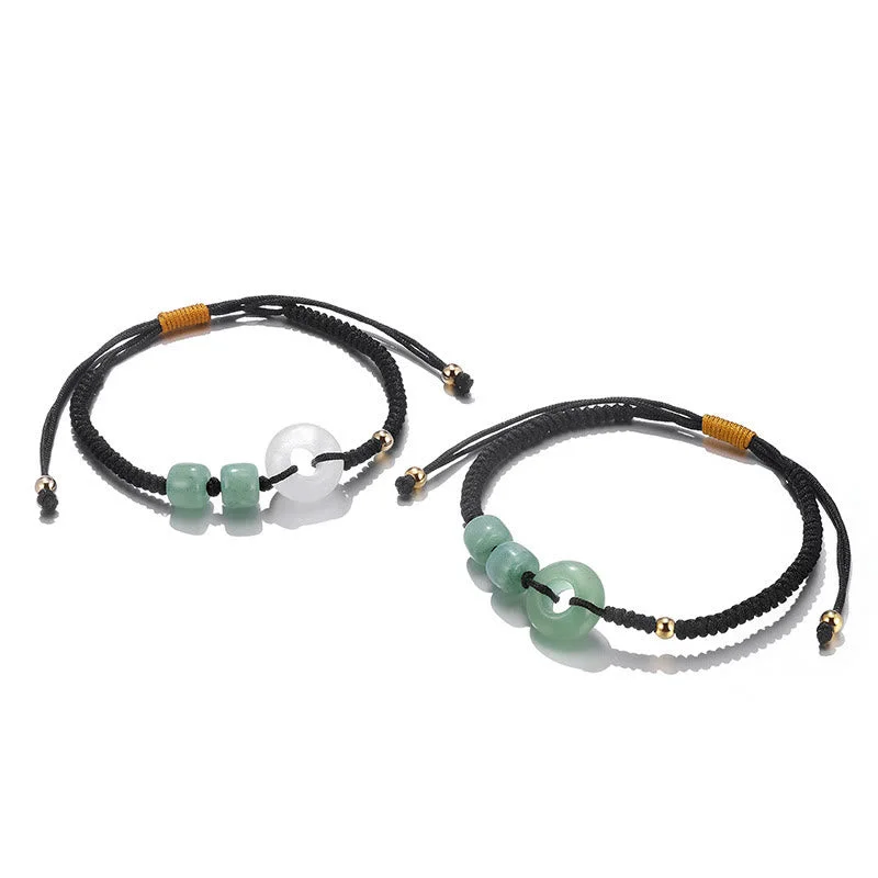 Green Aventurine White Jade 2Pcs Peace Buckle Luck Braided Couple Bracelet
