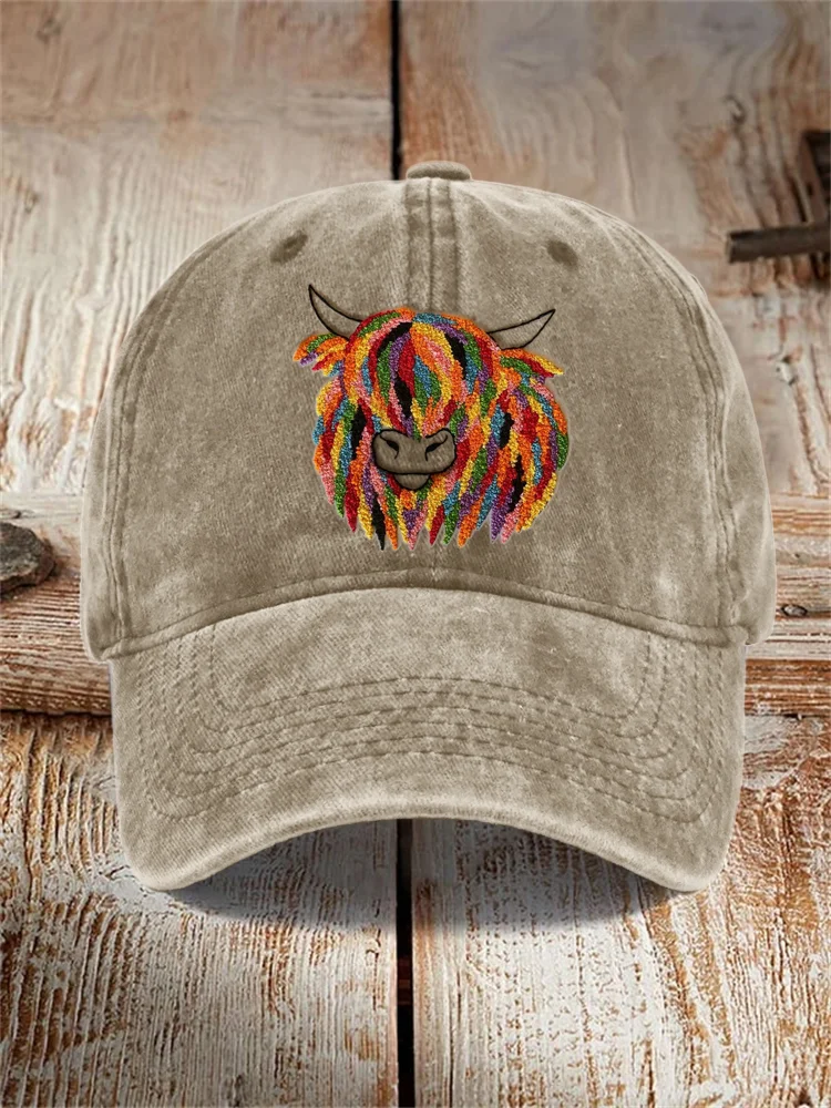 Colorful Highland Cow Embroidery Washed Cap