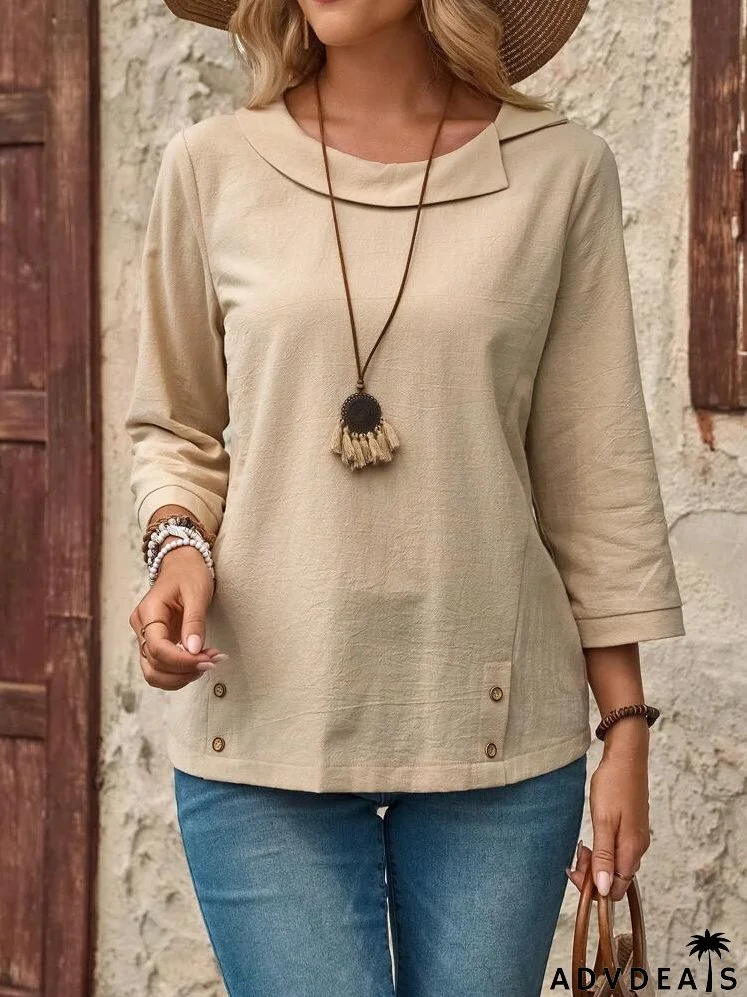 Ladies' Simple Solid Color Long Sleeve Linen Casual Shirt