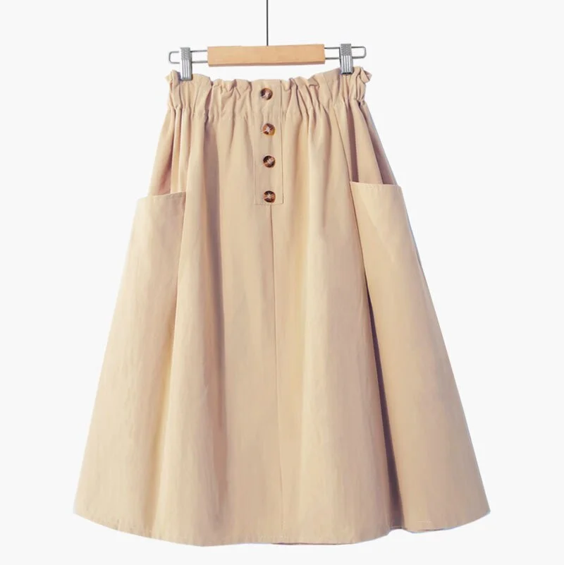 button Midi Skirt Women Spring Summer Casual elegant High Waist pocket skirt  female Korean Washed cotton A-line Skirt 515-1