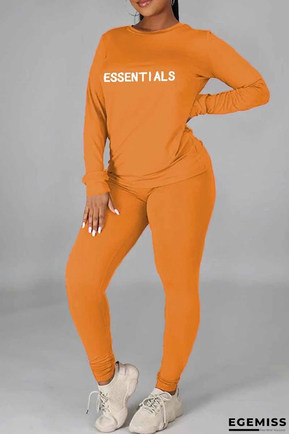 Orange Casual Print Letter O Neck Long Sleeve Two Pieces | EGEMISS