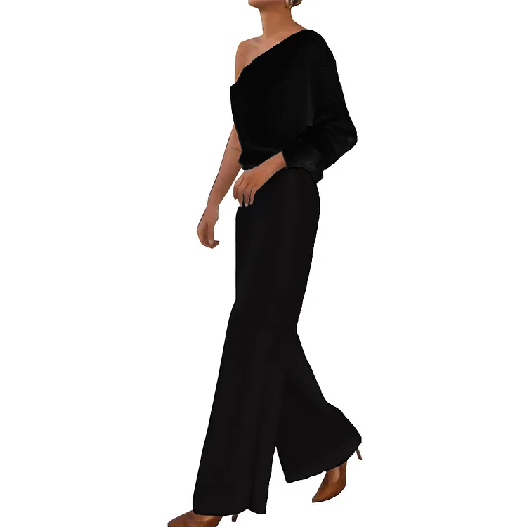 Slant Shoulder Long Sleeve Elastic Waist Straight Pants Knit Set