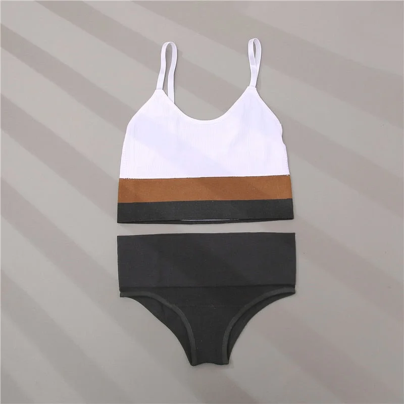 FINETOO High Waist Fitness Women Bra Set Patchwork Female Lingerie Ribbed Bikini Seamless Sport Push Up Brassiere Underwear Sets