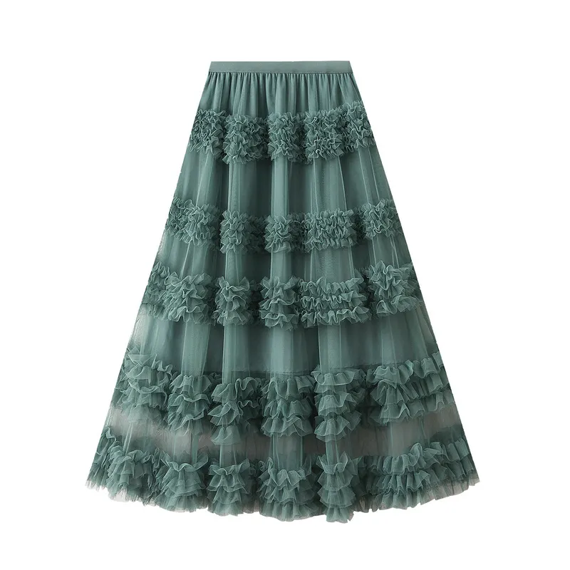 Nigikala Nigikala Heavy Industry Lace Cake Skirt Long Skirt Sweet Wind High Waist Wood Ear Net Yarn Skirt 1276