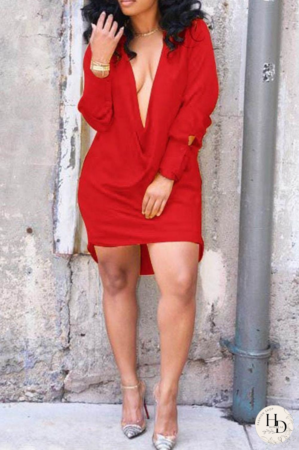 Red Sexy Solid Split Joint V Neck Straight Dresses