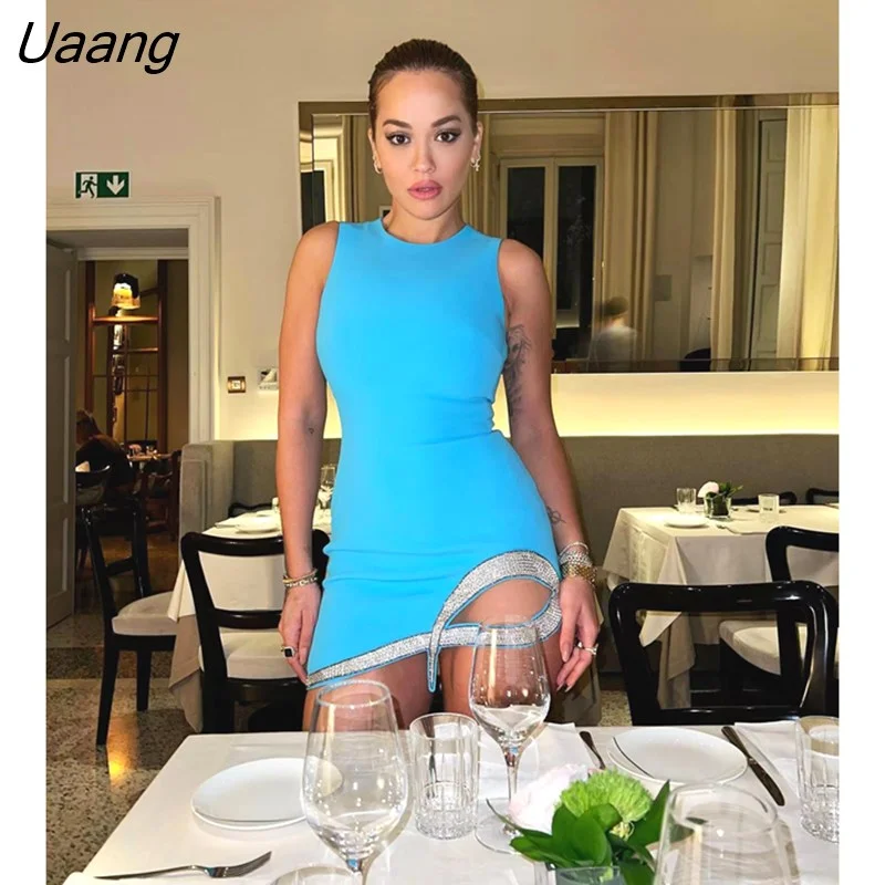 Uaang Arrival Women Sleeveless Sexy Diamond Bodycon Mini Dress Rayon Bandage Celebrate Nightclub Party Outfit Vestido