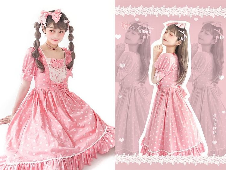Puff-Sleeve Heart Print A-Line Lolita Dress YP4212