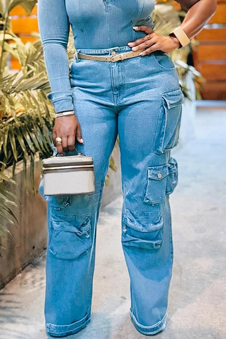 Plus Size Daily Blue Cargo Casual Denim Jeans [Pre-Order] 2024 - Xpluswear