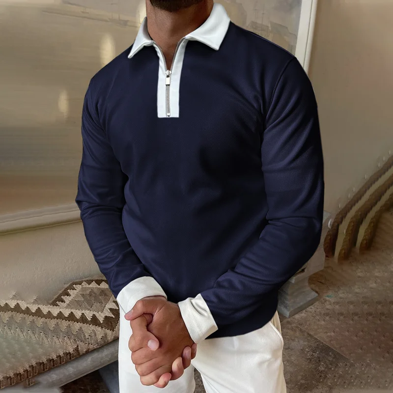 Color Block Long Sleeve Polo Shirt、、URBENIE