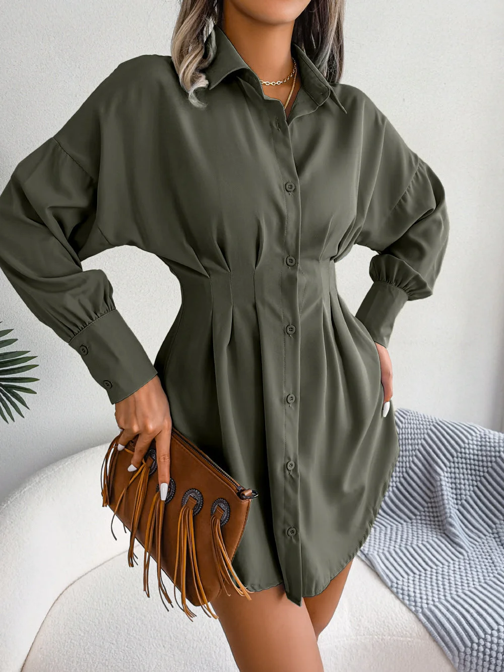 Woherb Casual Lantern Sleeve Waist-tight Asymmetric Shirt Women's Dress