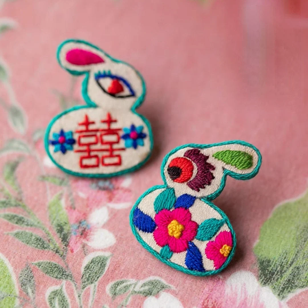Chinese New Year Rabbit Earrings Handmade Embroidered Earrings Rabbit Zodiac