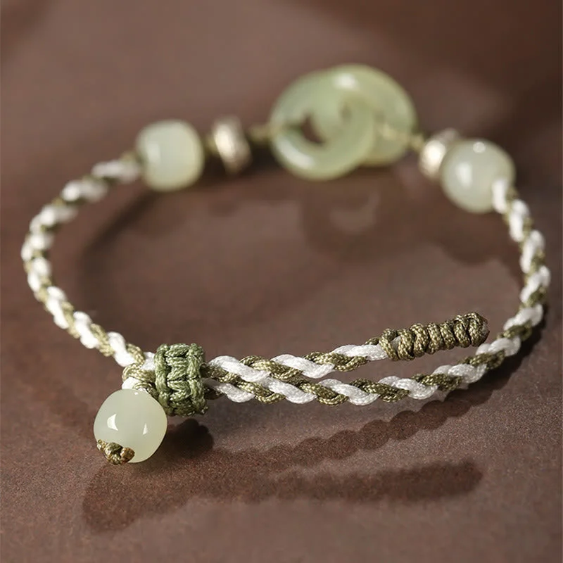 Natural Hetian Jade Peace Buckle Luck Braided Bracelet