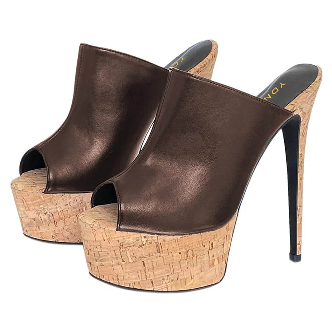 Brown Peep Toe Stiletto Heel Platform Slip On Mule Shoes for Women