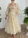 Cream French Chiffon Ball Gown Puff Lantern Sleeve Tulle A Line Prom Dress Yellow Flower Floral Print Embroidery Sweetheart Corset Boho Robe