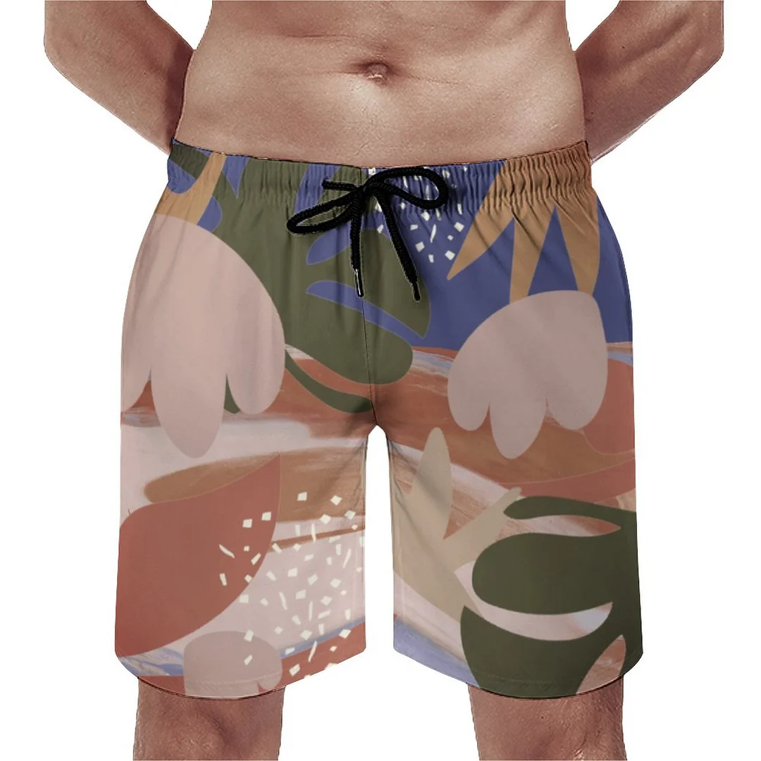 Artistic Abstract Earthy Botanical Men's Swim Trunks Summer Board Shorts Quick Dry Beach Short with Pockets