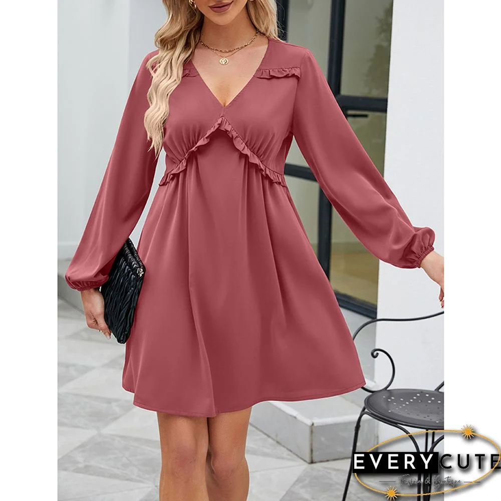 Pink V Neck Ruffle Detail Long Sleeve Dress