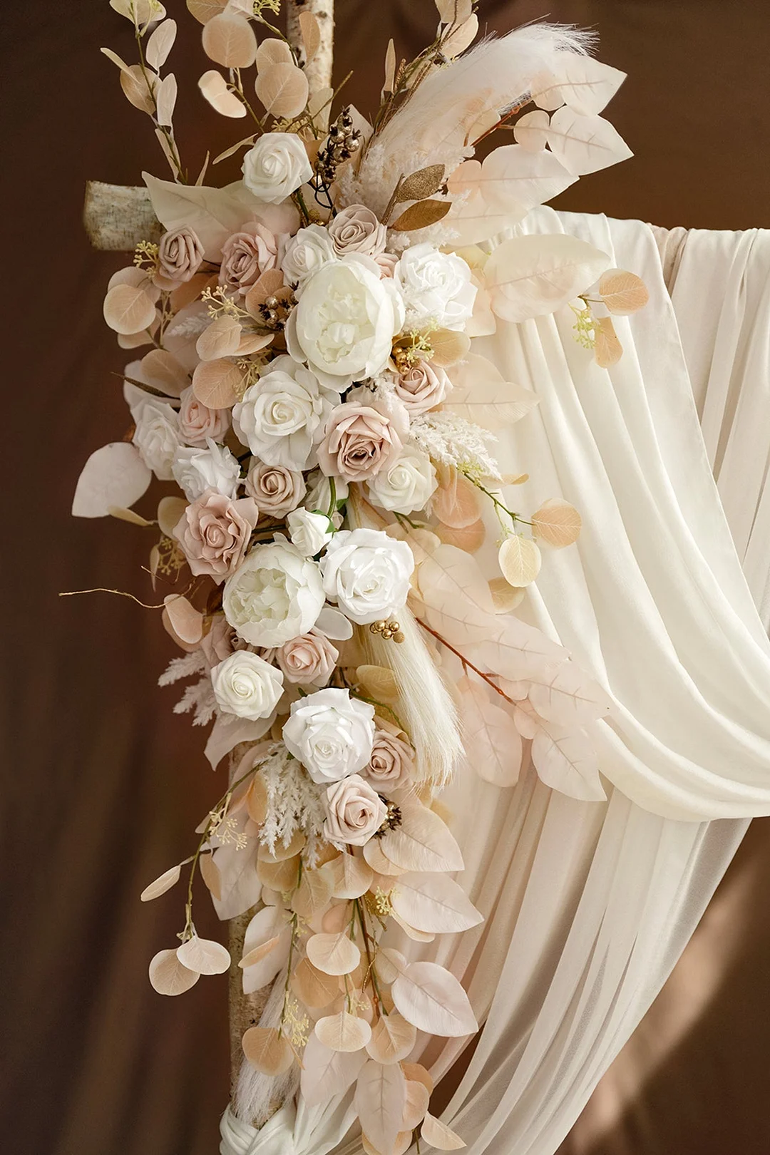 Flower Arch Decor with Drapes in White & Beige