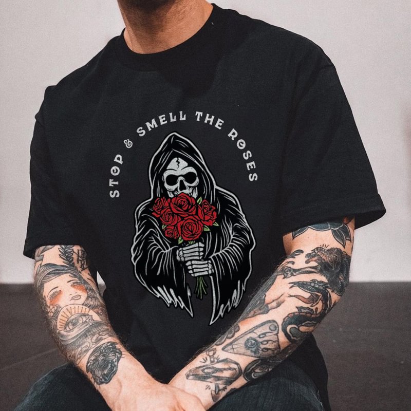 STOP SMELL THE ROSES printed men's T-shirt designer -  
