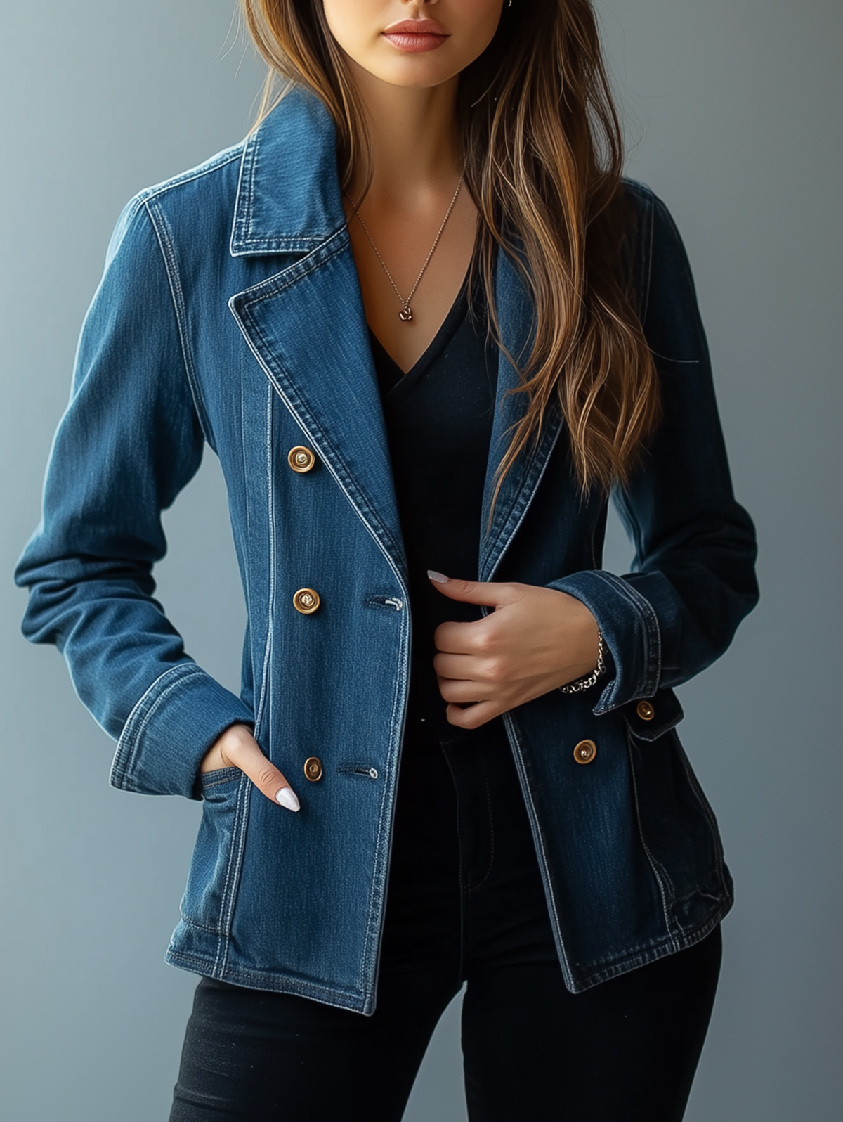 Ursime Lapel Collar Double Breasted Pocket Denim Long Sleeve Jacket