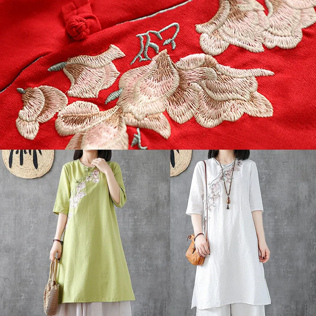 Chic red cotton dresses embroidery Chinese Button short  Dress