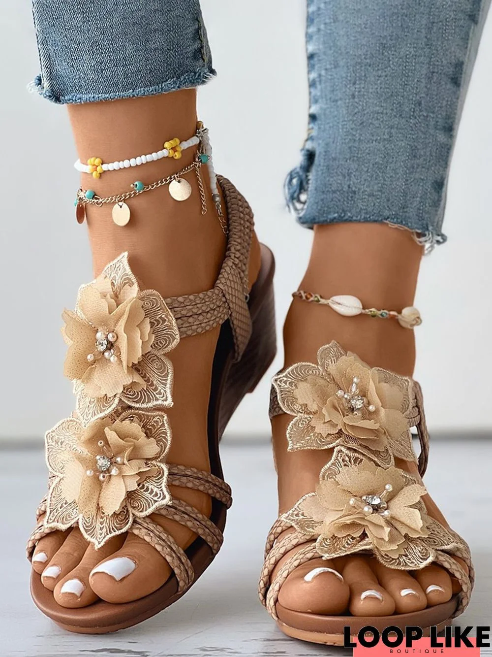 Bohemian Applique Beaded Slip On Wedge Sandals