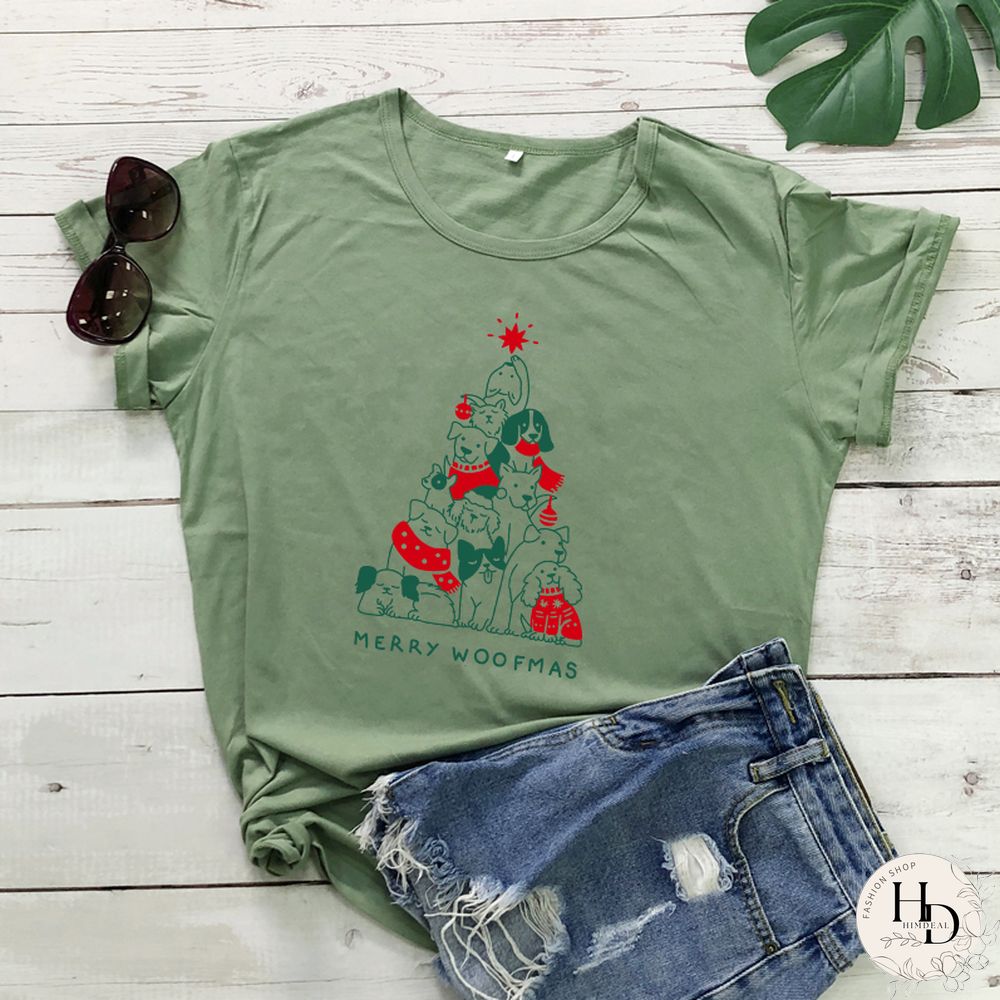 Merry Woofmas Colored Print T-shirt Kawaii Dog Lover Christmas Holiday Gift Tshirt Funny Women Graphic Tees Tops Drop Shipping