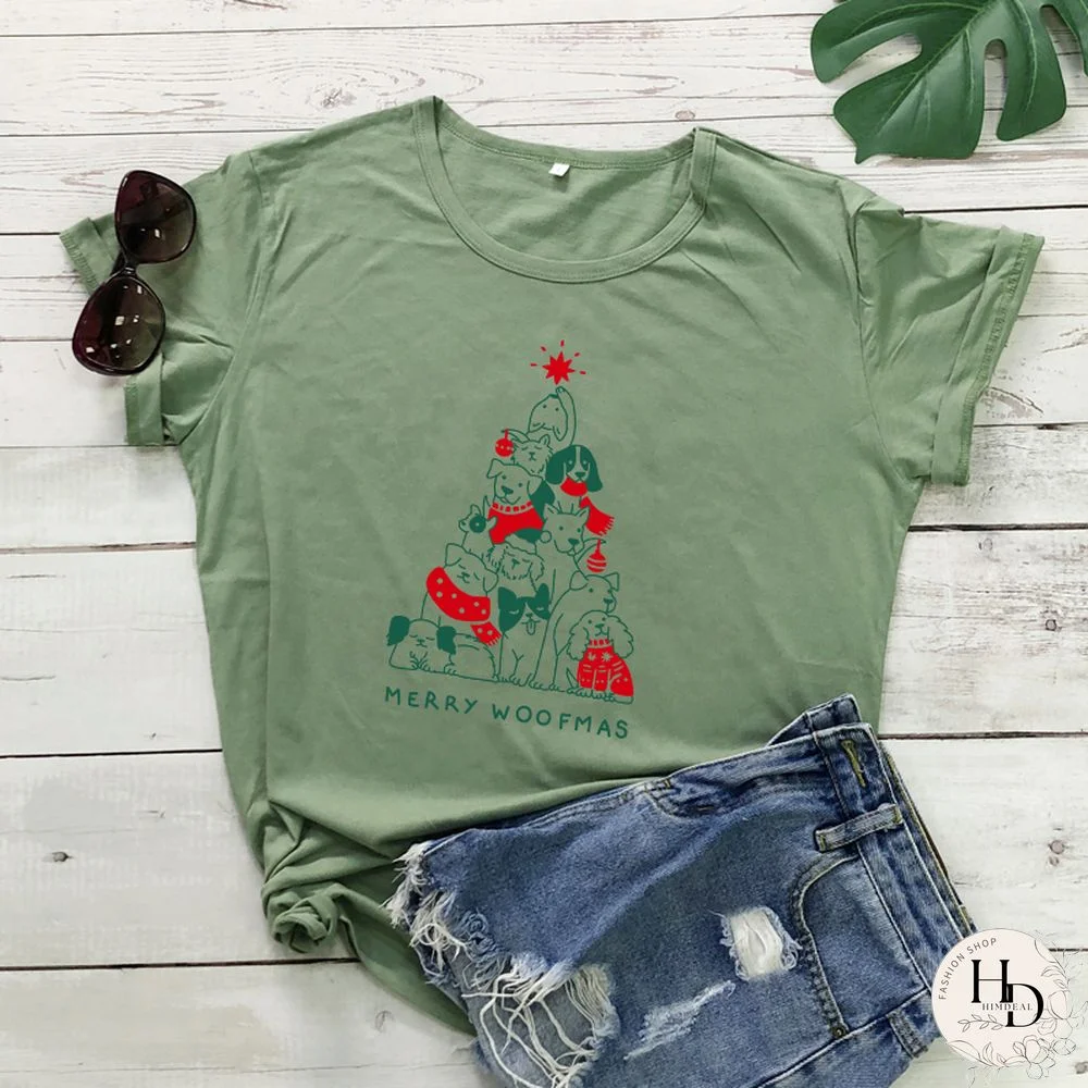 Merry Woofmas Colored Print T-shirt Kawaii Dog Lover Christmas Holiday Gift Tshirt Funny Women Graphic Tees Tops Drop Shipping