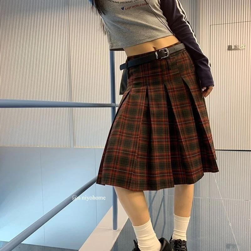 tlbang Skirts Women Plaid Knee-length Autumn Korean Fashion Preppy Style All-match Casual Students Vintage Literary Low Waist