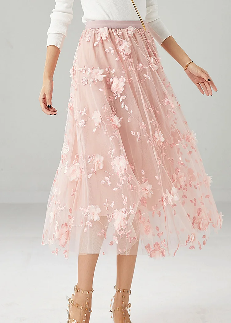 Women Pink Embroideried Stereoscopic Floral Tulle Skirt Fall