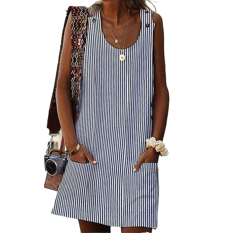Summer Print Stripe Casual Sleeveless Pocket Loose Fashion Casual Dress