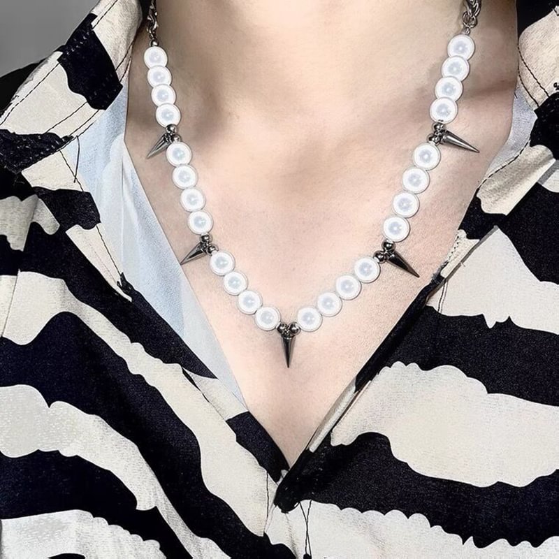 Reflective Bead Stud Cone Spiked Punk Gothic Necklace