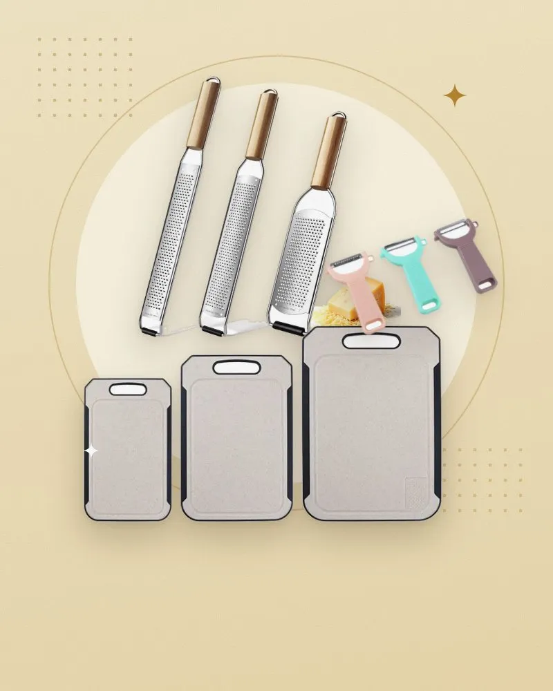 Cutting boards, stainless steel graters and vegetable peelers